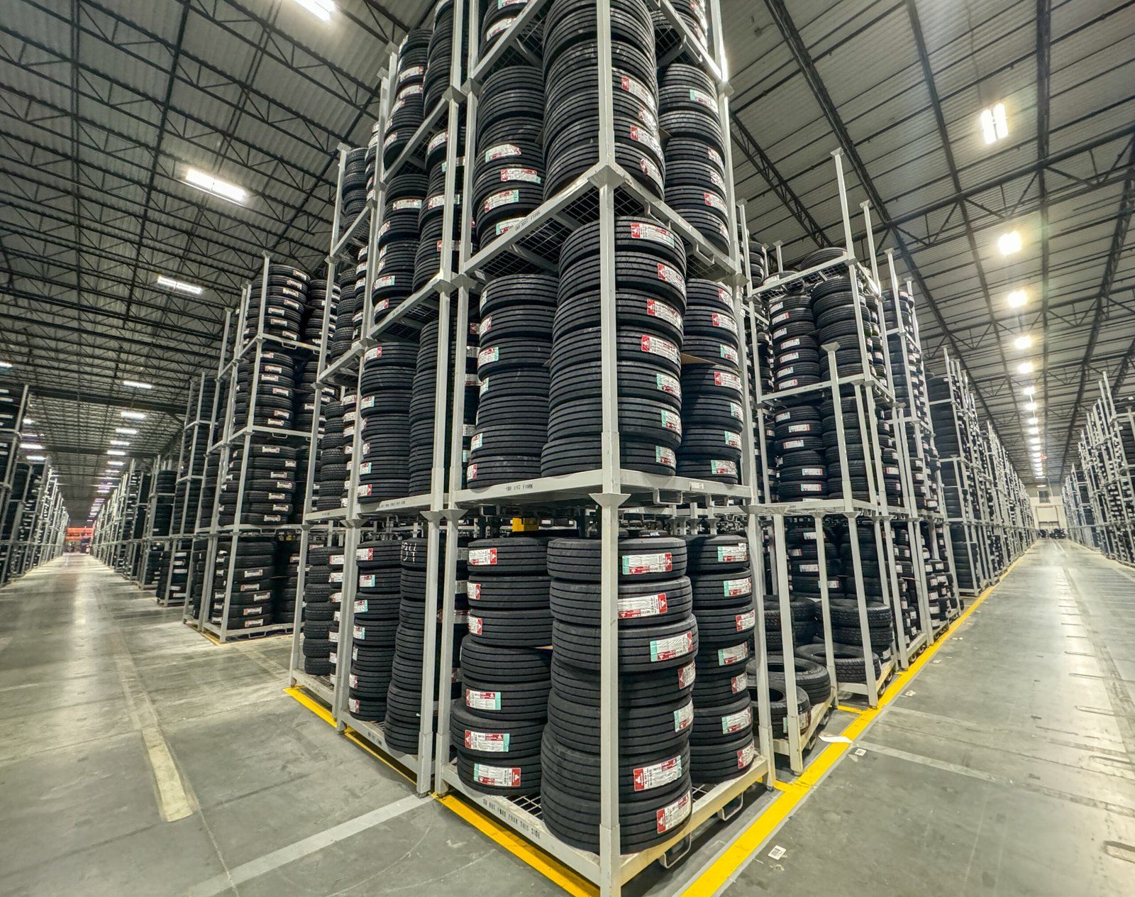 Tall tire racking seen from below
