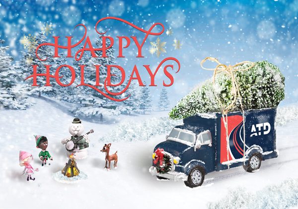 Happy Holidays card with a delivery truck in the snow