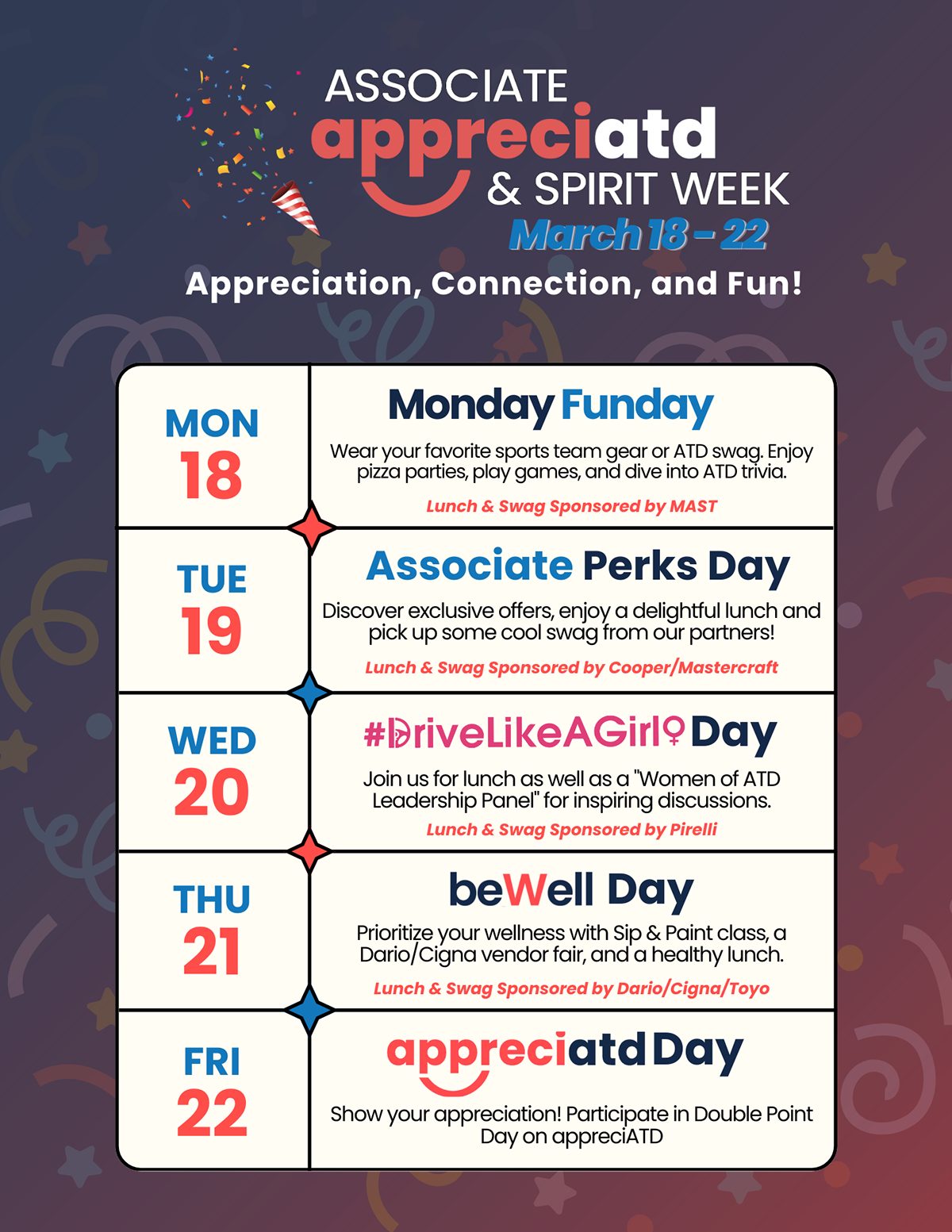 Associate Appreciation and Spirit Week schedule