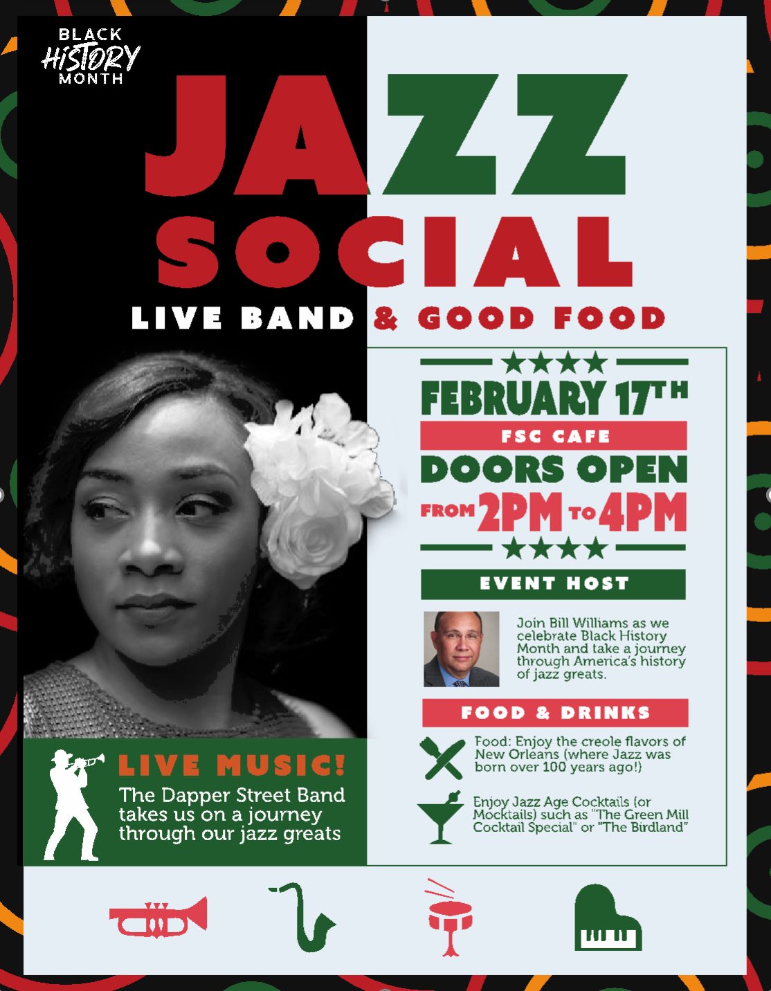 Black History Month Jazz Social event flyer